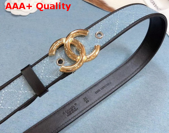 Chanel Belt Blue Denim and Black Calfskin Shiny Gold CC Buckle Replica