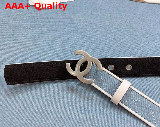 Chanel Belt Blue Denim and White Calfskin Silver CC Buckle Replica