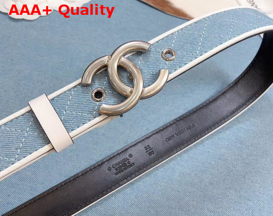 Chanel Belt Blue Denim and White Calfskin Silver CC Buckle Replica