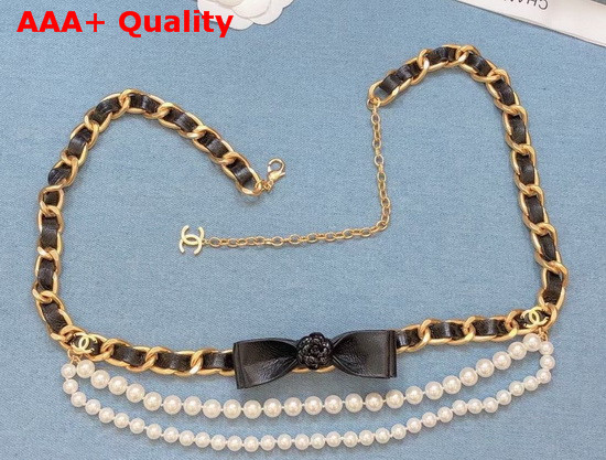 Chanel Belt Metal Glass Pearls and Calfskin Gold Pearl White and Black AB4460 Replica