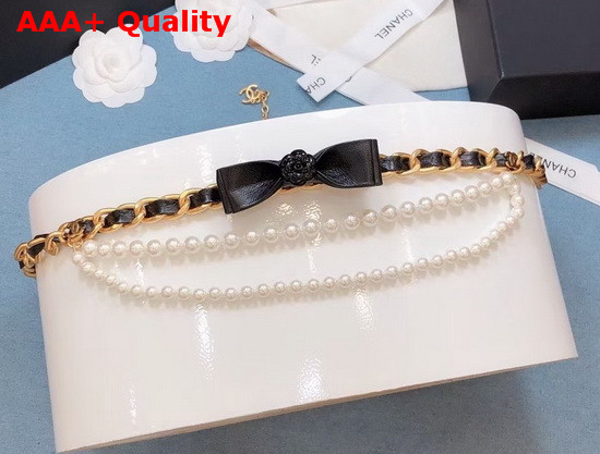 Chanel Belt Metal Glass Pearls and Calfskin Gold Pearl White and Black AB4460 Replica