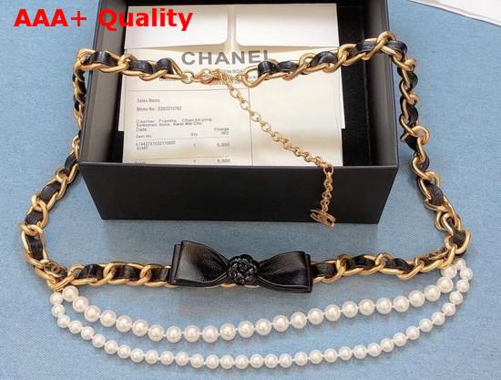 Chanel Belt Metal Glass Pearls and Calfskin Gold Pearl White and Black AB4460 Replica