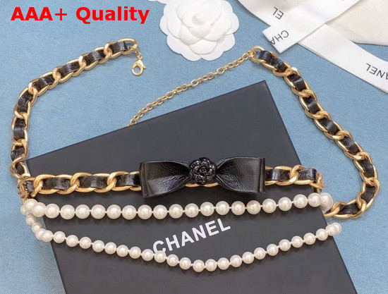 Chanel Belt Metal Glass Pearls and Calfskin Gold Pearl White and Black AB4460 Replica