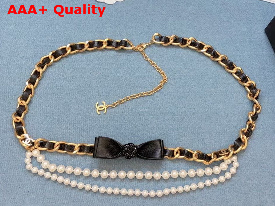 Chanel Belt Metal Glass Pearls and Calfskin Gold Pearl White and Black AB4460 Replica