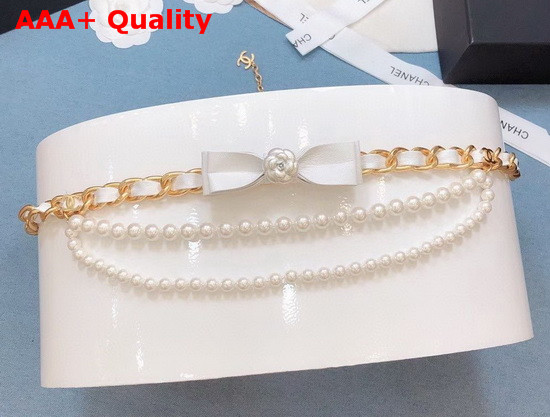 Chanel Belt Metal Glass Pearls and Calfskin Gold and White AB4460 Replica