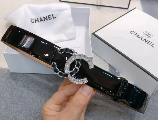 Chanel Belt in Black Patent Leather with Crystal CC Buckle