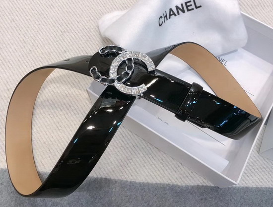 Chanel Belt in Black Patent Leather with Crystal CC Buckle