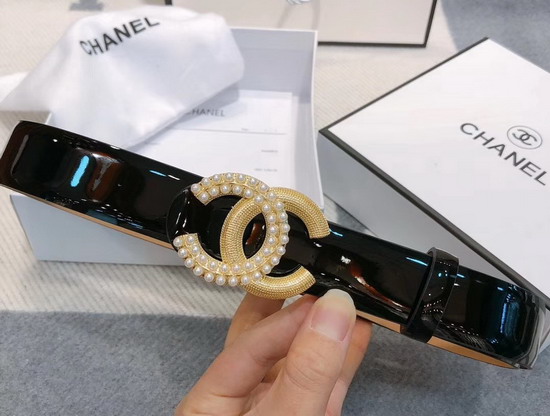 Chanel Belt in Black Patent Leather with Gold Pearl CC Buckle