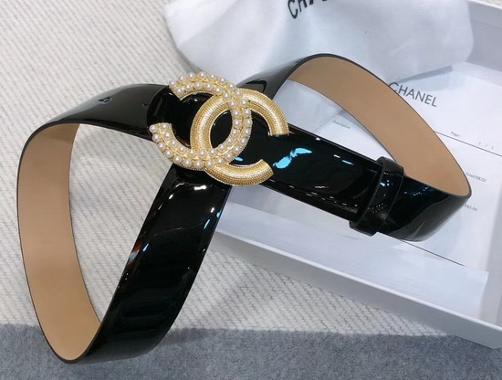 Chanel Belt in Black Patent Leather with Gold Pearl CC Buckle