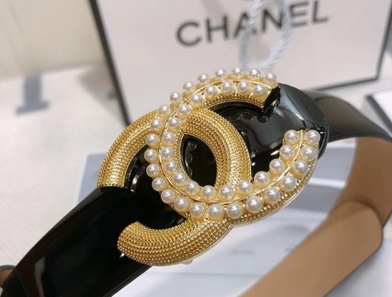 Chanel Belt in Black Patent Leather with Gold Pearl CC Buckle