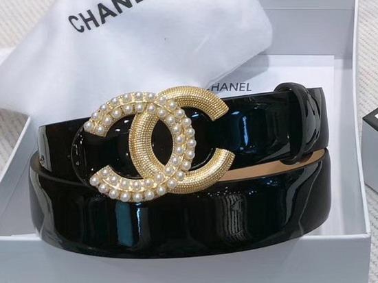 Chanel Belt in Black Patent Leather with Gold Pearl CC Buckle