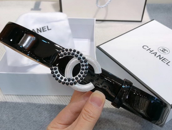 Chanel Belt in Black Patent Leather with Silver Pearl CC Buckle