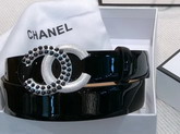 Chanel Belt in Black Patent Leather with Silver Pearl CC Buckle