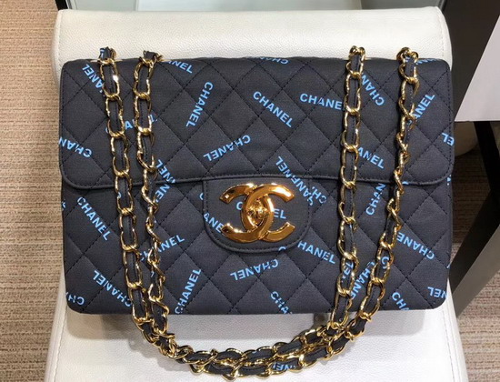 Chanel Big Flap Bag in Black Fabric with All Over Blue Printed Chanel Logo