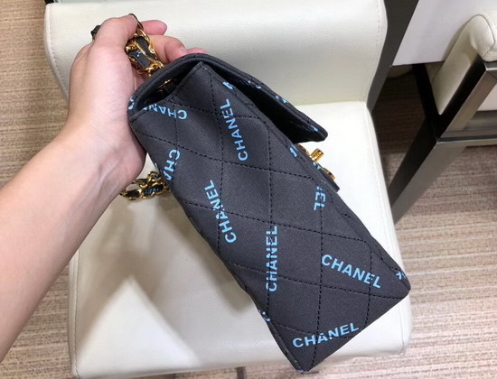 Chanel Big Flap Bag in Black Fabric with All Over Blue Printed Chanel Logo