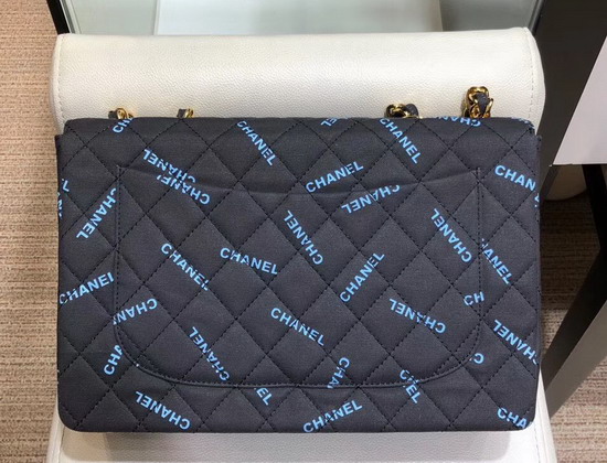 Chanel Big Flap Bag in Black Fabric with All Over Blue Printed Chanel Logo