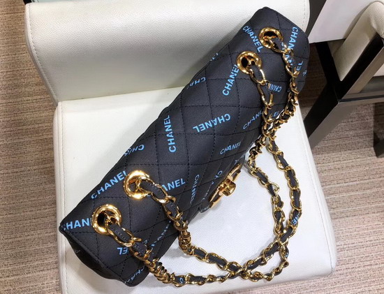 Chanel Big Flap Bag in Black Fabric with All Over Blue Printed Chanel Logo