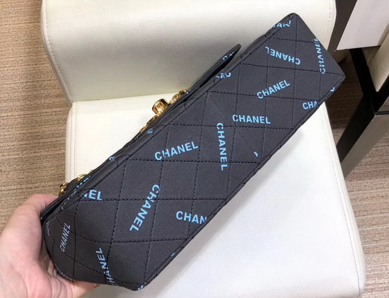 Chanel Big Flap Bag in Black Fabric with All Over Blue Printed Chanel Logo