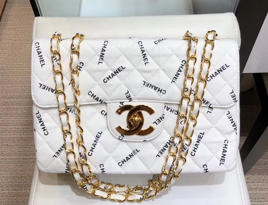 Chanel Big Flap Bag in White Fabric with All Over Black Printed Chanel Logo