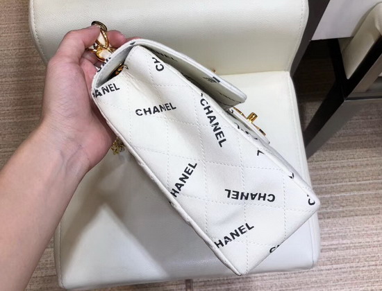 Chanel Big Flap Bag in White Fabric with All Over Black Printed Chanel Logo