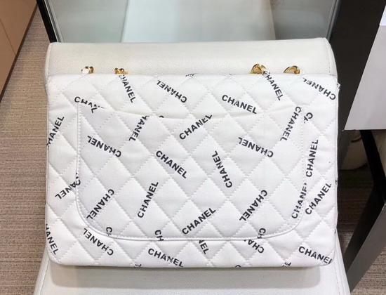 Chanel Big Flap Bag in White Fabric with All Over Black Printed Chanel Logo