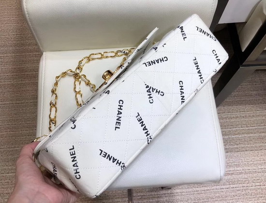 Chanel Big Flap Bag in White Fabric with All Over Black Printed Chanel Logo