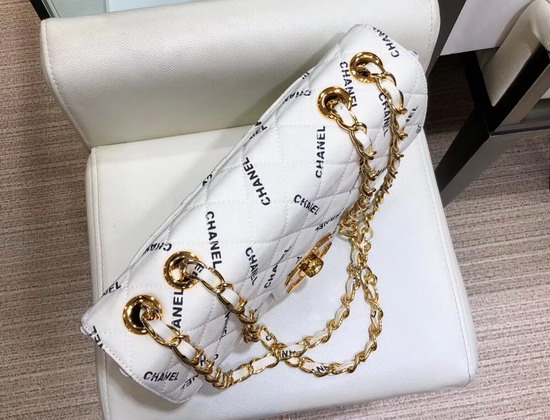 Chanel Big Flap Bag in White Fabric with All Over Black Printed Chanel Logo