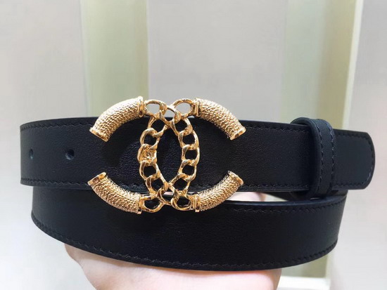 Chanel Black Leather Belt with Gold CC Buckle