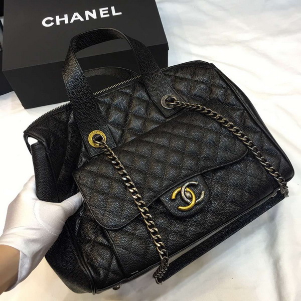 Chanel Bowling Bag Black Grained Calfskin Ruthenium Metal and Gold Metal for Sale