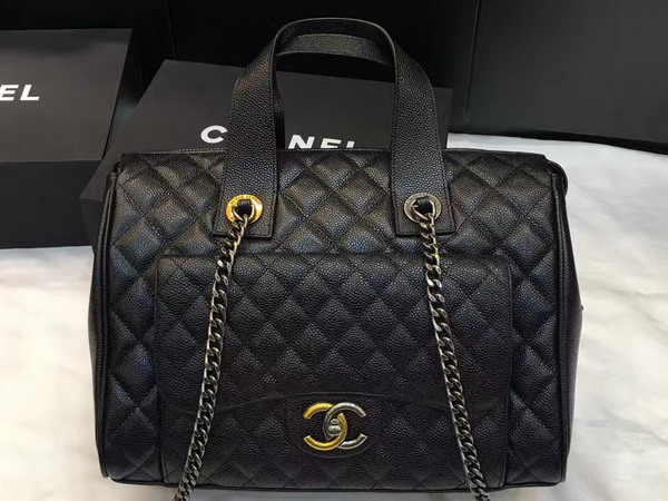 Chanel Bowling Bag Black Grained Calfskin Ruthenium Metal and Gold Metal for Sale