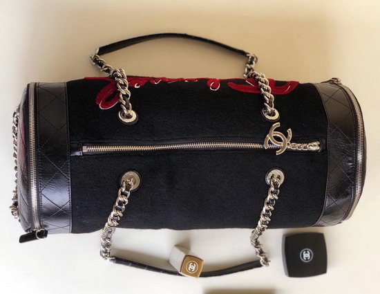 Chanel Bowling Bag Embroidered Wool and Calfskin Black