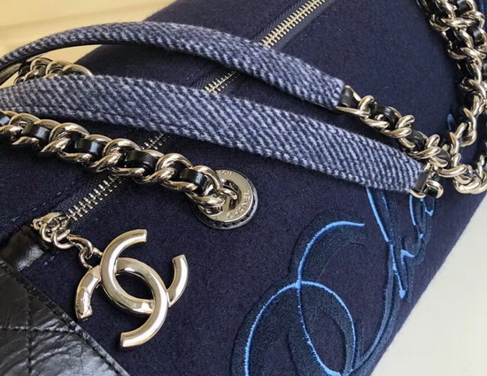 Chanel Bowling Bag Navy Blue Embroidered Wool and Calfskin