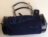 Chanel Bowling Bag Navy Blue Embroidered Wool and Calfskin