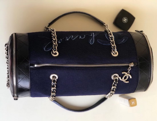 Chanel Bowling Bag Navy Blue Embroidered Wool and Calfskin