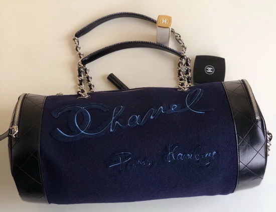 Chanel Bowling Bag Navy Blue Embroidered Wool and Calfskin