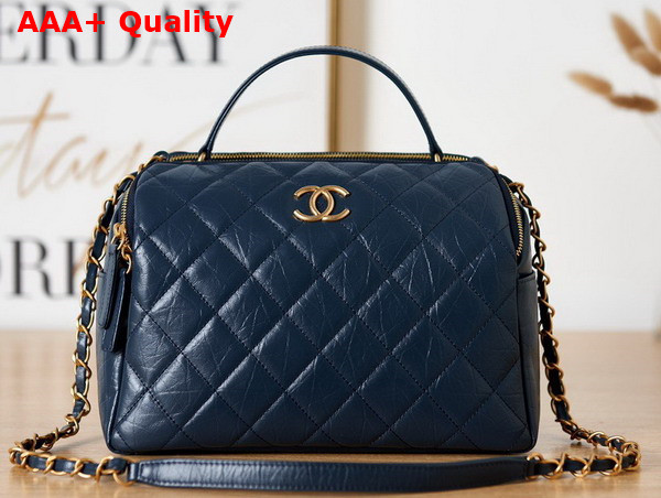 Chanel Bowling Bag in Dark Blue Aged Calfskin Gold Tone Metal AS3740 Replica