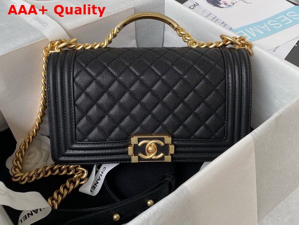 Chanel Boy Chanel Flap Bag with Handle Black Grained Shiny Calfskin and Gold Tone Metal Replica