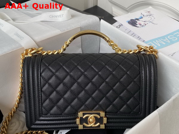 Chanel Boy Chanel Flap Bag with Handle Black Grained Shiny Calfskin and Gold Tone Metal Replica