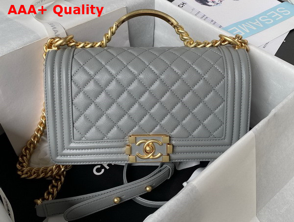 Chanel Boy Chanel Flap Bag with Handle Light Grey Grained Shiny Calfskin and Gold Tone Metal Replica