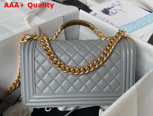 Chanel Boy Chanel Flap Bag with Handle Light Grey Grained Shiny Calfskin and Gold Tone Metal Replica