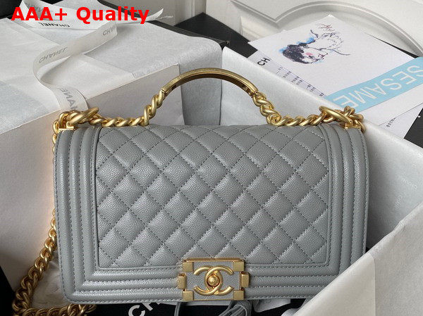 Chanel Boy Chanel Flap Bag with Handle Light Grey Grained Shiny Calfskin and Gold Tone Metal Replica