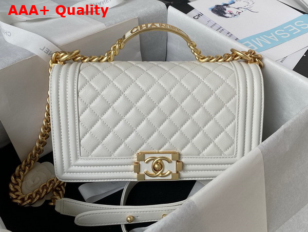 Chanel Boy Chanel Flap Bag with Handle White Grained Shiny Calfskin and Gold Tone Metal Replica