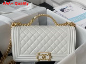 Chanel Boy Chanel Flap Bag with Handle White Grained Shiny Calfskin and Gold Tone Metal Replica