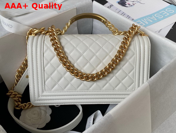 Chanel Boy Chanel Flap Bag with Handle White Grained Shiny Calfskin and Gold Tone Metal Replica