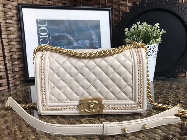 Chanel Boy Chanel Handbag Beige Lambskin with Leather Weave Gold Tone Metal For Sale