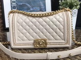 Chanel Boy Chanel Handbag Beige Lambskin with Leather Weave Gold Tone Metal For Sale