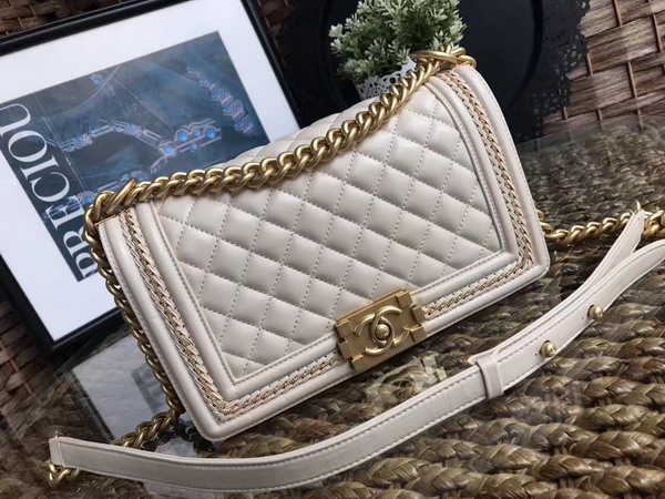 Chanel Boy Chanel Handbag Beige Lambskin with Leather Weave Gold Tone Metal For Sale