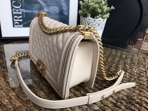 Chanel Boy Chanel Handbag Beige Lambskin with Leather Weave Gold Tone Metal For Sale