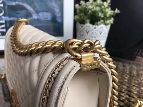 Chanel Boy Chanel Handbag Beige Lambskin with Leather Weave Gold Tone Metal For Sale