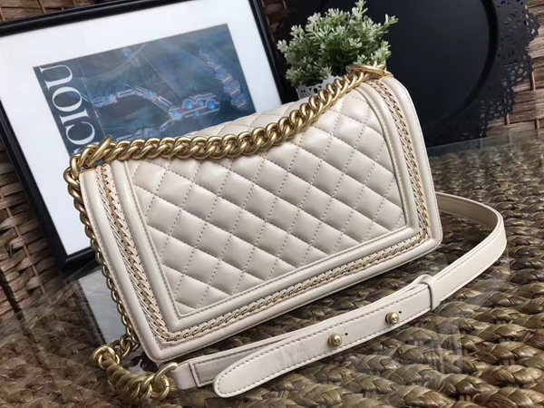 Chanel Boy Chanel Handbag Beige Lambskin with Leather Weave Gold Tone Metal For Sale